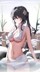 Rule 34 | 1girl, absurdres, bead necklace, beads, black hair, breasts, commentary, cowboy shot, green eyes, highres, honkai: star rail, honkai (series), jewelry, large breasts, long hair, navel, necklace, ponytail, ruan mei (honkai: star rail), solo, standing, stomach, topless, towel, towel around neck, very long hair, wading, water, yeni1871
