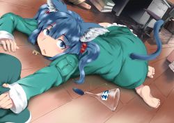 Rule 34 | 1girl, animal ears, barefoot, blue eyes, blue hair, book, cat ears, cat girl, cat tail, chair, contemporary, dutch angle, erlenmeyer flask, feet, female focus, flask, hair bobbles, hair ornament, hat, unworn hat, unworn headwear, indoors, kawashiro nitori, kemonomimi mode, key, lying, matching hair/eyes, office, on stomach, short hair, sinzan, solo, tail, touhou, two side up, wooden floor