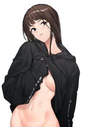 Rule 34 | 1girl, breasts, brown hair, cleavage, clothes lift, grey background, jacket, k52, long hair, looking to the side, midriff, midriff peek, mole, mole under eye, no bra, out-of-frame censoring, simple background, solo, tagme, underboob, white background