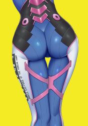Rule 34 | 1girl, ass, ass focus, blue bodysuit, bodysuit, close-up, clothes writing, d.va (overwatch), from behind, highres, legs together, lower body, overwatch, overwatch 1, pilot suit, ribbed bodysuit, simple background, skin tight, solo, thigh gap, yellow background, zhongyan (fate-throne)