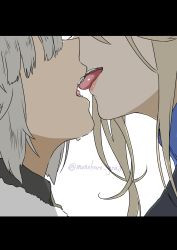 Rule 34 | 2girls, blonde hair, character request, french kiss, grey hair, highres, kiss, letterboxed, long hair, monokuro graf, multiple girls, teeth, tongue, tongue out, twitter username, white background, world witches series, yuri