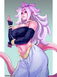 Rule 34 | 1girl, android 21, arm warmers, baggy pants, bare shoulders, black sclera, bracelet, breasts, choker, cleavage, colored sclera, colored skin, dragon ball, dragon ball fighterz, ear piercing, earrings, harem pants, hoop earrings, jewelry, large breasts, looking at viewer, majin android 21, midriff, navel, pants, parted lips, piercing, pink skin, pointy ears, red eyes, rejean dubois, solo, stomach, strapless, tail, tube top, twitter username, white hair