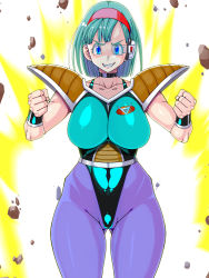 Rule 34 | 1girl, armor, artist request, aura, blue-tinted eyewear, blue eyes, blue hair, body switch, boots, breasts, bulma, cameltoe, captain ginyu, choker, cleavage, collarbone, curvy, dragon ball, dragonball z, earrings, evil grin, evil smile, female focus, ginyu force, grey background, grin, hairband, highleg, highleg leotard, highres, jewelry, kinokoallstars, large breasts, leotard, looking at viewer, muscular, muscular female, personality switch, power-up, powering up, purple legwear, scouter, sharp teeth, short hair, sleeveless, smile, solo, tagme, teeth, thighs, tinted eyewear, toned, white background
