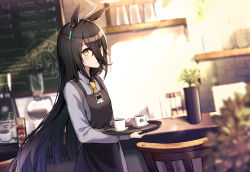 Rule 34 | 1girl, absurdres, ahoge, animal ears, apron, black apron, black hair, blurry, blurry background, blurry foreground, blush, cafe, chain, coffee mug, collared shirt, commentary request, cowboy shot, cup, depth of field, ear tag, eyes visible through hair, grey shirt, hair between eyes, highres, holding, holding tray, horse ears, horse girl, indoors, kagerou (gigayasoma), long hair, long sleeves, looking at viewer, manhattan cafe (umamusume), mug, necktie, plant, potted plant, saucer, shirt, sideways glance, solo, standing, table, tray, umamusume, very long hair, wooden chair, yellow eyes, yellow necktie