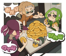 Rule 34 | 1boy, 2girls, aqua eyes, baseball cap, brown shirt, closed mouth, commentary request, eyebrow cut, food, food bite, food on face, furrowed brow, green hair, green shirt, hat, holding, holding food, imagawayaki, inkling, inkling (language), inkling boy, inkling girl, inkling player character, light brown hair, multicolored eyes, multiple girls, nintendo, octoling, octoling girl, octoling player character, orange eyes, partial commentary, plate, pointy ears, purple hair, purple shirt, red eyes, salmonid, shirt, short hair, short sleeves, sitting, smallfry (splatoon), smile, splatoon (series), splatoon 3, suction cups, t-shirt, table, tentacle hair, teo (teorekka), tongue, tongue out