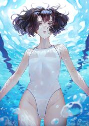 Rule 34 | 1girl, air bubble, black hair, breasts, bubble, competition swimsuit, cowboy shot, grey eyes, highleg, highleg swimsuit, highres, kaoming, one-piece swimsuit, original, see-through, short hair, small breasts, solo, swimsuit, underwater, water, white one-piece swimsuit