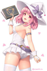 Rule 34 | 1girl, :d, armband, ass, bag, book, bow, breasts, bridal gauntlets, casual one-piece swimsuit, cowboy shot, female focus, from behind, halterneck, hat, hat bow, head tilt, holding, holding book, looking at viewer, looking back, medium breasts, medium hair, one-piece swimsuit, open mouth, original, pink eyes, pink hair, sasaame, sideboob, simple background, smile, solo, standing, swimsuit, thighhighs, twitter username, white background, white hat, white one-piece swimsuit, white thighhighs, witch hat