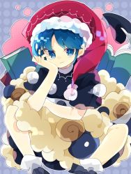 Rule 34 | 1girl, :3, arm support, black dress, blue eyes, blue hair, book, commentary, doremy sweet, dress, feet out of frame, fur-trimmed headwear, fur trim, hair between eyes, hand on own cheek, hand on own face, hat, highres, layered dress, nightcap, nikorashi-ka, open book, pom pom (clothes), red hat, sheep, short hair, socks, solo, tail, touhou, white dress, white socks