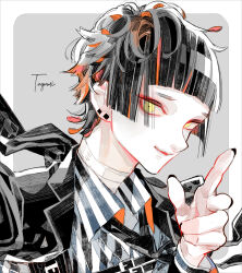 Rule 34 | 1boy, black hair, black nails, closed mouth, collared shirt, ear piercing, earrings, hamondo, highres, jewelry, looking at viewer, multicolored hair, orange hair, original, piercing, shirt, short hair, solo, straight hair, stud earrings, two-tone hair, upper body, yellow eyes