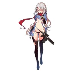 Rule 34 | 1girl, 9a-91, 9a-91 (girls&#039; frontline), artist request, black panties, blue eyes, breasts, full body, girls&#039; frontline, gloves, gun, hair ornament, long hair, magazine (weapon), ammunition pouch, navel, nightmaremk2, official art, panties, rifle, scarf, shirt, small breasts, solo, star (symbol), star hair ornament, suppressor, thighhighs, torn clothes, torn shirt, transparent background, underboob, underwear, weapon, white hair