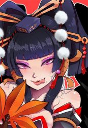 Rule 34 | 1girl, bare shoulders, black hair, breasts, cleavage, dead or alive, dead or alive 5, eyeshadow, hand fan, hair ornament, hair stick, hair tubes, hat, kafun, lips, long hair, makeup, medium breasts, mole, mole under mouth, nyotengu, open mouth, pom pom (clothes), smile, solo, tokin hat, tongue, tongue out