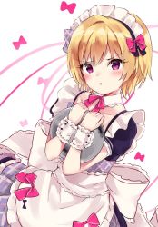 Rule 34 | 1girl, :t, apron, black shirt, blonde hair, blush, bow, closed mouth, collarbone, hair between eyes, hair bow, highres, holding, holding tray, idolmaster, idolmaster shiny colors, maid, maid apron, maid headdress, minikon, pink bow, plaid, plaid skirt, pleated skirt, pout, puffy short sleeves, puffy sleeves, purple eyes, purple skirt, saijo juri, shirt, short hair, short sleeves, simple background, skirt, solo, tray, v-shaped eyebrows, white apron, white background, wrist cuffs