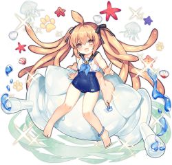 Rule 34 | 1girl, :3, ahoge, anklet, ao jun, ark order, bare legs, black sailor collar, blonde hair, blue neckerchief, bracelet, crop top, feet, golden slime (ark order), jellyfish, jewelry, neckerchief, official art, one-piece swimsuit, paw print, pointing, pointing at viewer, sailor collar, school swimsuit, shell, shirt, sleeveless, sleeveless shirt, solo, sparkle, starfish, swimsuit, swimsuit under clothes, tachi-e, tentacle hair, towel, transparent background, twintails, water, white shirt, yellow eyes