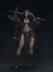 Rule 34 | 1girl, axe, barbarian, black desert guardian, black desert online, boots, breasts, cheolseung ok, cleavage, concept art, fur collar, green eyes, highres, holding, holding weapon, jewelry, midriff, necklace, original, red hair, revealing clothes, tattoo, toned, weapon
