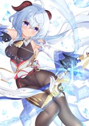 Rule 34 | 1girl, ahoge, amos&#039; bow (genshin impact), bare shoulders, bell, black gloves, black legwear, black leotard, blue eyes, blue hair, blush, bodystocking, bodysuit, bow (weapon), breasts, chinese knot, clothes lift, covered navel, detached sleeves, flower knot, ganyu (genshin impact), genshin impact, gloves, gold trim, groin, highres, hiyada yuu, holding, holding bow (weapon), holding weapon, leotard, leotard under clothes, long hair, low ponytail, medium breasts, neck bell, parted lips, pelvic curtain, pelvic curtain lift, sidelocks, solo, tassel, thighlet, thighs, vision (genshin impact), weapon, white sleeves