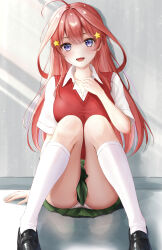 Rule 34 | 1girl, absurdres, ca paria, go-toubun no hanayome, highres, long hair, looking at viewer, nakano itsuki, open mouth, panties, purple eyes, red hair, short sleeves, smile, solo, underwear, vest