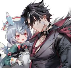 Rule 34 | 1boy, 1girl, animal ears, bandaged neck, bandages, bandaid, bandaid on cheek, bandaid on face, black hair, closed mouth, genshin impact, gloves, grey hair, hair between eyes, hair ornament, hat, highres, holding, holding stuffed toy, long sleeves, low twintails, multicolored hair, necktie, open mouth, pom pom (clothes), pom pom hair ornament, pottsness, red eyes, red necktie, scar, scar on neck, sigewinne (genshin impact), simple background, stuffed animal, stuffed shark, stuffed toy, twintails, white background, white gloves, white headwear, wriothesley (genshin impact)