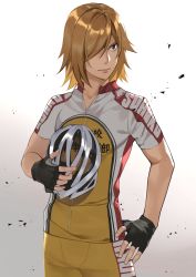 Rule 34 | 1boy, absurdres, aoyagi hajime, bicycle helmet, black gloves, blonde hair, collarbone, comeo (komeo15), commentary request, cowboy shot, cyclist, fingerless gloves, gloves, hair over one eye, hand on own hip, helmet, highres, holding, holding helmet, male focus, multicolored shirt, red shirt, red shorts, shirt, short sleeves, shorts, solo, standing, white shirt, yellow shirt, yellow shorts, yowamushi pedal