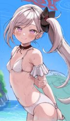 Rule 34 | 1girl, :p, beach, bikini, blue archive, blue sky, hair ornament, hair scrunchie, halo, highres, lifebuoy, looking at viewer, mutsuki (blue archive), non-web source, ocean, purple eyes, scrunchie, side ponytail, sky, solo, source request, sweat, swim ring, swimsuit, tongue, tongue out, white bikini, white hair