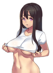 Rule 34 | 1girl, black hair, bottomless, breasts, clothes lift, clothes pull, collarbone, crop top, female focus, houtengeki, large breasts, lifting own clothes, long hair, looking at viewer, navel, no bra, original, parted lips, pulling own clothes, purple eyes, shirt, shirt lift, shirt pull, short sleeves, sidelocks, simple background, smile, solo, underboob, upper body, white background, white shirt