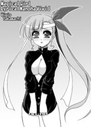 Rule 34 | 10s, :p, blush, bottomless, breasts, cleavage cutout, clothing cutout, greyscale, headband, heterochromia, kiryuu makoto, large breasts, long hair, lyrical nanoha, mahou shoujo lyrical nanoha, mahou shoujo lyrical nanoha vivid, monochrome, aged up, shirt tug, side ponytail, sleeves rolled up, solo, tongue, tongue out, vivio