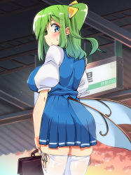 Rule 34 | 1girl, :/, adapted costume, aged up, alternate breast size, ase (nigesapo), blue eyes, blue skirt, blue vest, blush, bow, breasts, briefcase, closed mouth, commentary request, cowboy shot, daiyousei, fairy wings, from behind, green hair, hair bow, holding, large breasts, long hair, looking at viewer, looking back, low wings, one side up, pleated skirt, puffy short sleeves, puffy sleeves, school briefcase, short sleeves, skindentation, skirt, solo, sweat, thighhighs, touhou, transparent wings, vest, white thighhighs, wings, yellow bow, zettai ryouiki