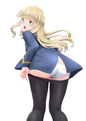 Rule 34 | 1girl, black pantyhose, blonde hair, blue jacket, blunt bangs, blush, butt crack, clothes pull, embarrassed, floating hair, from behind, glasses, jacket, leaning forward, long hair, long sleeves, looking at viewer, looking back, open mouth, panties, pantyhose, pantyhose pull, perrine h. clostermann, pulling own clothes, simple background, solo, standing, straight hair, strike witches, taros illust, underwear, undressing, very long hair, white background, white panties, world witches series, yellow eyes