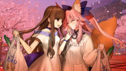 Rule 34 | 2girls, animal ear fluff, animal ears, apron, bag, blue bow, blue ribbon, blush, bow, breasts, brown hair, cherry blossoms, choker, cleavage, dress, eyebrows, fate/extella, fate/extra, fate (series), fox ears, fox girl, fox tail, game cg, good end, groceries, hair bow, hair ribbon, highres, holding, kappougi, kishinami hakuno (female), long hair, medium breasts, multiple girls, non-web source, official alternate costume, official art, photoshop (medium), pink hair, plastic bag, ribbon, tail, tamamo (fate), tamamo no mae (fate/extra), twintails, wada arco, white dress, wife and wife, yuri