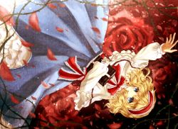 Rule 34 | 1girl, alice margatroid, blonde hair, blue eyes, book, bow, capelet, dress, female focus, floral background, flower, frills, grimoire, grimoire of alice, headband, long sleeves, open mouth, outstretched arm, petals, rose, rose petals, short hair, solo, thorns, touhou, yuki 201