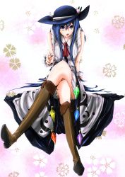 Rule 34 | 1girl, absurdres, adapted costume, ascot, bare shoulders, blue eyes, blue hair, boots, food, fruit, hat, highres, hinanawi tenshi, crossed legs, long hair, long legs, looking at viewer, matching hair/eyes, mr. pepe r, open mouth, peach, pointing, pov, shirt, sitting, sleeveless, sleeveless shirt, solo, thighs, touhou, very long hair, white shirt, wrist cuffs