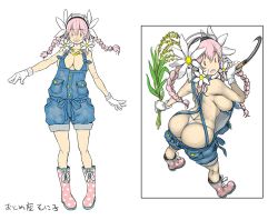 Rule 34 | 1girl, alternate hairstyle, ass, back, boots, braid, breasts, cleavage, flower, gloves, hair flower, hair ornament, headphones, large breasts, long hair, looking at viewer, looking back, multiple views, naked overalls, nitroplus, no bra, open mouth, overalls, panties, pink footwear, pink hair, plant, polka dot, rubber boots, scythe, sickle, sideboob, smile, super sonico, tsuji santa, twin braids, underwear, virgo (zodiac), white gloves, white panties, zodiac