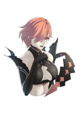 Rule 34 | 1girl, black lips, breasts, cleavage, earrings, elbow gloves, fingerless gloves, fire emblem, fire emblem: three houses, gloves, grin, hair over one eye, highres, jewelry, kronya (fire emblem), large breasts, lipstick, looking at viewer, makeup, nintendo, orange hair, pomelomelon, red eyes, smile, solo, upper body, white background