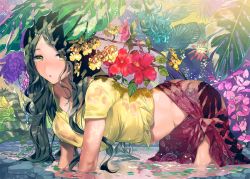 Rule 34 | 1girl, black hair, blouse, blush, branch, breasts, commentary, commentary request, cowboy shot, floral print, flower, from side, groin, in water, large breasts, leaf, lily pad, long hair, looking at viewer, medium skirt, original, outdoors, parted bangs, parted lips, partially submerged, pink flower, plant, purple flower, red flower, red skirt, shirt, side-tie skirt, skirt, solo, thighs, tied shirt, very long hair, water, yanyo (ogino atsuki), yellow eyes, yellow flower, yellow shirt