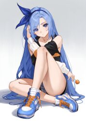 Rule 34 | 1girl, absurdres, blue eyes, blue hair, blue ribbon, borrowed character, closed mouth, collarbone, eyes visible through hair, fubuki (fakemonkey0224), hair ribbon, hand in own hair, highres, knee up, long hair, long sleeves, looking at viewer, bae minah (chaesu), nike (company), original, ribbon, shoes, simple background, sneakers, solo, white background
