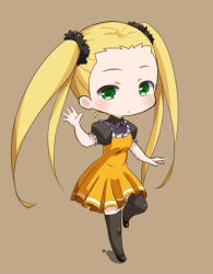 Rule 34 | 10s, 1girl, ame., aoki hagane no arpeggio, blonde hair, brown background, chibi, dress, female focus, green eyes, haruna (aoki hagane no arpeggio), long hair, solo, thighhighs, twintails, waving