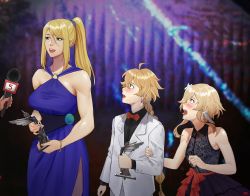 Rule 34 | 1boy, 2girls, absurdres, aether (genshin impact), arm grab, bad id, bad pixiv id, bangle, bare shoulders, black dress, blazer, blonde hair, blue dress, blue eyes, blush, bow, bowtie, bracelet, braid, braided ponytail, breasts, brother and sister, dress, earrings, flower, genshin impact, hair flower, hair ornament, highres, holding, holding microphone, jacket, jewelry, long sleeves, lumine (genshin impact), medium breasts, metroid, microphone, multiple girls, muscular, muscular female, nintendo, open mouth, ponytail, red bow, samus aran, siblings, sleeveless, sleeveless dress, tall female, trophy, yellow eyes