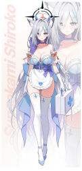 Rule 34 | 1girl, absurdres, alternate costume, animal ear fluff, animal ears, apron, black halo, blue archive, breasts, briefcase, broken halo, choker, cleavage, cross, cross hair ornament, dark halo, extra ears, full body, gloves, grey hair, hair ornament, halo, hat, highres, holding, holding briefcase, hovaku, inverted cross, long hair, mismatched pupils, nurse, nurse cap, shiroko (blue archive), shiroko terror (blue archive), solo, thighhighs, waist apron, white apron, white gloves, white thighhighs, wolf ears