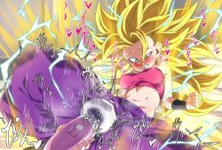 Rule 34 | 1girl, alternate breast size, aura, bare shoulders, bed, blonde hair, blue eyes, blush, breasts, caulifla, cleavage, clenched teeth, dragon ball, dragon ball super, heart, long hair, lying, medium breasts, moaning, navel, nipples, nude, on bed, pussy juice, rom (20), rom (20), sex toy, spiked hair, spread legs, strapless, super saiyan, super saiyan 3, sweat, tears, teeth, translation request, tube top, very long hair, vibrator, vibrator over clothes