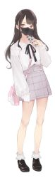 Rule 34 | 1girl, ama mitsuki, bag, bare legs, brown hair, cellphone, commentary, full body, handbag, high-waist skirt, highres, holding, long hair, mask, mouth mask, original, phone, puffy sleeves, skirt, sleeves past wrists, smartphone, solo, standing, white background