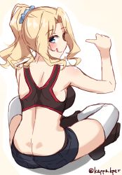 Rule 34 | 10s, 1girl, :q, arm up, back, bare arms, bare shoulders, blonde hair, blue eyes, blue scrunchie, blue shorts, blush, breasts, brown footwear, butt crack, closed mouth, commentary request, crop top, crossed legs, full body, girls und panzer, hair ornament, hair scrunchie, high ponytail, highres, kapatarou, kay (girls und panzer), large breasts, long hair, looking at viewer, looking back, outline, pointing, pointing at self, ponytail, profile, scrunchie, short shorts, shorts, sidelocks, sitting, smile, solo, sports bra, thighhighs, tongue, tongue out, twitter username, white outline, white thighhighs