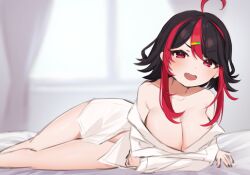 Rule 34 | 1girl, ahoge, black hair, black nails, breasts, collared shirt, commentary, english commentary, fang, gx aura, hair ornament, hairclip, highres, inami yoki (artist), large breasts, long hair, lying, multicolored hair, naked shirt, open mouth, opera gx, pink eyes, red hair, shirt, smile, solo, streaked hair, virtual youtuber, white shirt