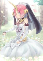 Rule 34 | 1girl, aqua eyes, black veil, blush, breasts, cleavage, day, detached sleeves, dress, fate/apocrypha, fate (series), flower, frankenstein&#039;s monster (fate), grass, heterochromia, highres, holding, holding flower, horns, kureha (angelite), looking at viewer, looking to the side, outdoors, petals, pink hair, see-through, see-through cleavage, short hair, single horn, solo, veil, white dress, yellow eyes