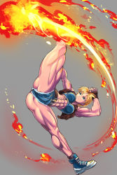 Rule 34 | 1girl, abs, blonde hair, breasts, final fight, final fight 3, fingerless gloves, fire, gloves, kicking, lucia morgan, micro shorts, muscular, muscular female, police, shoes, shopyun, short hair, shorts, sleeveless, sneakers, street fighter
