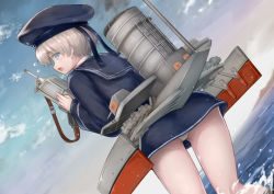 Rule 34 | 1girl, ass, bad id, bad pixiv id, blue eyes, blue sky, blush, cannon, clothes writing, cloud, cloudy sky, dress, embarrassed, german clothes, hat, horizon, kantai collection, long sleeves, looking back, machinery, military hat, neckerchief, ocean, oonaka ito, panties, peaked cap, rigging, sailor collar, sailor dress, sailor hat, short hair, silver hair, sky, smoke, smokestack, solo, thighs, torpedo tubes, turret, underwear, white panties, z1 leberecht maass (kancolle)