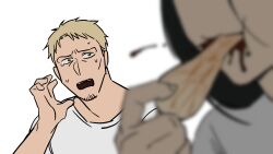 Rule 34 | 2boys, alternate hairstyle, androgynous, biting, blonde hair, blood, blood splatter, blurry, blurry foreground, elbow rest, eren yeager, facial hair, foodification, goatee, hair down, highres, lip piercing, long hair, looking at another, male focus, multiple boys, piercing, reiner braun, shingeki no kyojin, shirt, short hair, solo focus, stubble, sweatdrop, syabbal-i, table, tearing up, upper body, white shirt