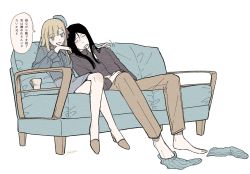 Rule 34 | 1boy, 1girl, alternate costume, black hair, black shirt, blonde hair, brown pants, commentary request, couch, crossed legs, cup, fate (series), grey legwear, hands up, hat, high heels, highres, leaning on person, leaning to the side, long hair, long legs, long sleeves, lord el-melloi ii, lord el-melloi ii case files, pants, parted bangs, reines el-melloi archisorte, sakanomachico, shirt, shoes, sitting, sleeping, unworn socks, speech bubble, translation request, waver velvet, white background