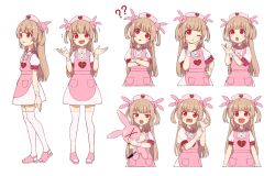 Rule 34 | &gt; &lt;, 1girl, :d, ?, ??, apron, bandaged wrist, bandages, blush, center frills, collared dress, commentary request, crossed arms, dress, expressions, frills, full body, hair ornament, hand on own chin, hand on own hip, hat, heart, heart print, hugging object, light brown hair, long hair, looking at viewer, medeshima marota, multiple views, natori sana, nurse cap, open mouth, pink apron, pink footwear, pink headwear, pocket, puffy short sleeves, puffy sleeves, rabbit hair ornament, red eyes, sana channel, short sleeves, simple background, slippers, smile, stuffed animal, stuffed rabbit, stuffed toy, surprised, thighhighs, thinking, two side up, upper body, virtual youtuber, white background, white dress, white thighhighs