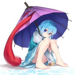 Rule 34 | 1girl, ass, asutora, barefoot, blue eyes, blue hair, blue skirt, blue vest, commentary request, convenient leg, full body, hair between eyes, heterochromia, juliet sleeves, knees up, long sleeves, looking at viewer, puffy sleeves, purple umbrella, red eyes, shadow, shirt, short hair, simple background, sitting, skirt, smile, solo, tatara kogasa, thighs, tongue, touhou, umbrella, vest, water, white background, white shirt