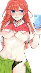 Rule 34 | 1girl, black panties, blue eyes, blush, breasts, clenched teeth, clothes lift, collared shirt, commentary request, go-toubun no hanayome, green skirt, hair ornament, highres, holding, holding phone, large breasts, long hair, looking at phone, nakano itsuki, navel, open clothes, open skirt, panties, phone, red hair, red sweater vest, selfie, shirt, shirt lift, skirt, solo, star (symbol), star hair ornament, string panties, sweater vest, sweater vest lift, teeth, underboob, underwear, user nzxw4873, white background, white shirt