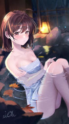 Rule 34 | 1girl, absurdres, ahoge, blurry, blurry background, blush, breasts, brown eyes, brown hair, clannad, cleavage, commentary, english commentary, feet out of frame, from side, furukawa nagisa, highres, lantern, leaf, looking at viewer, medium breasts, naked towel, night, onsen, outdoors, parted lips, partially submerged, ripples, short hair, signature, siole, sitting, solo, towel, wet
